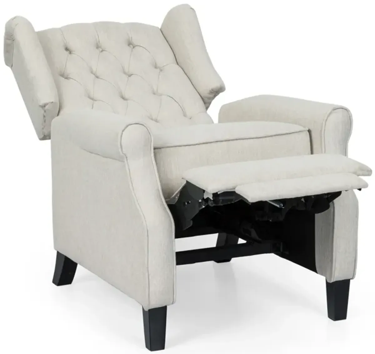 Push Back Recliner, Dark Brown Birch Wood, Beige Button Tufted Fabric - Benzara