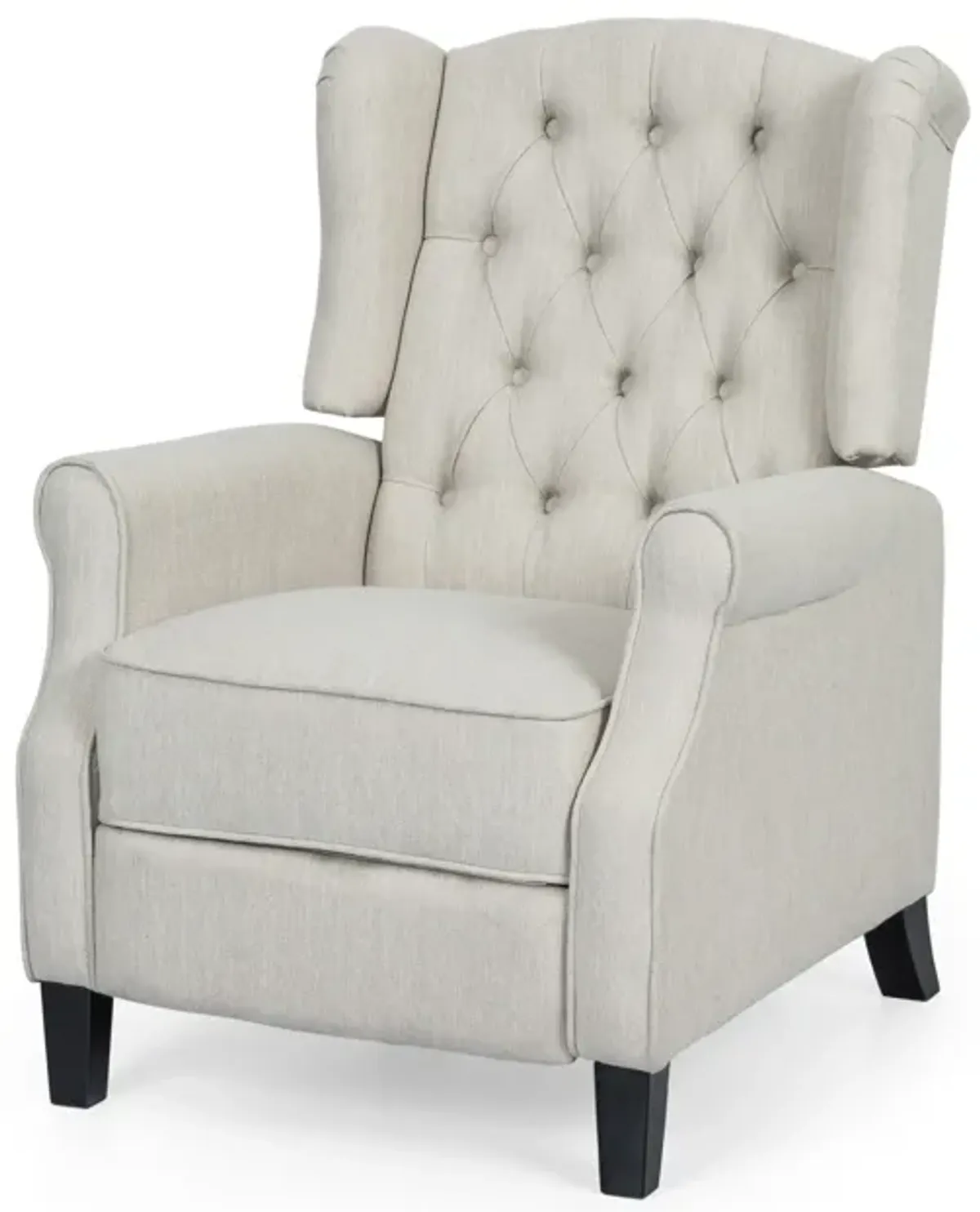 Push Back Recliner, Dark Brown Birch Wood, Beige Button Tufted Fabric - Benzara