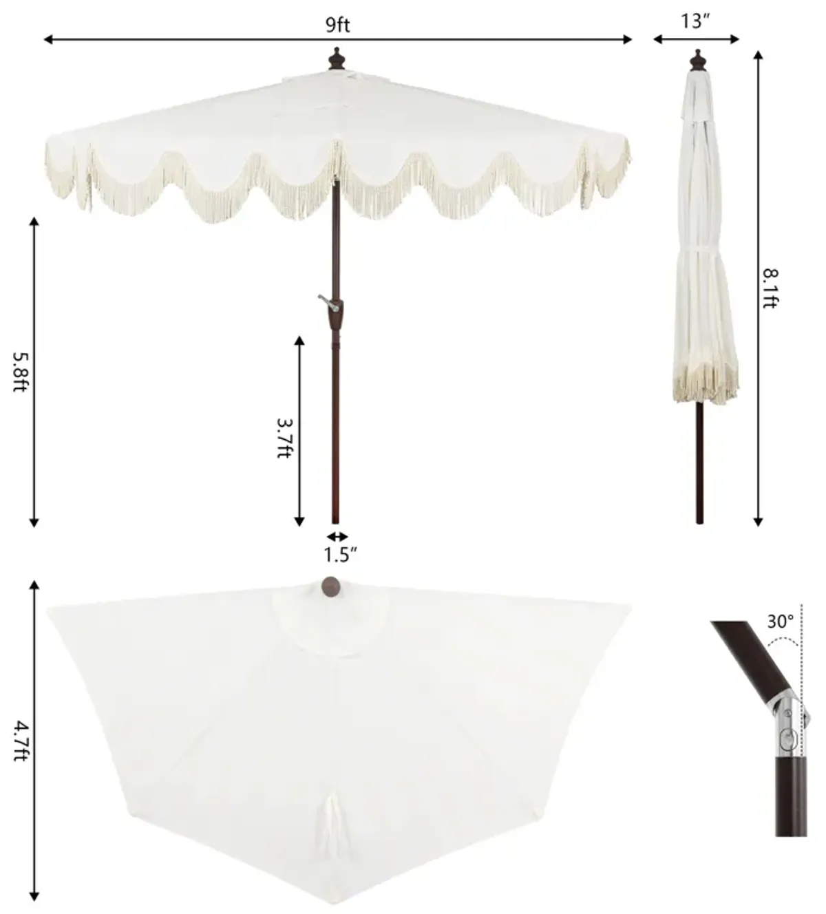 Beverly Designer Classic Scalloped Fringe Half Market Patio Umbrella with Crank, Push Button Tilt and UV Protection