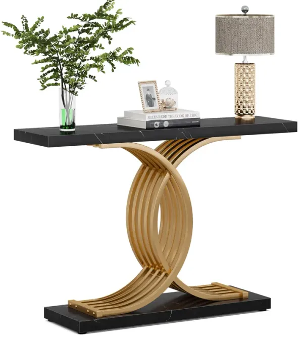 Console Table for Entryway, 39 Inches Black Faux Marble Sofa Table with Gold Geometric Frame, Modern Sofa Table Behind Couch, Hallway Foyer Table Accent Table for Living Room, Entrance