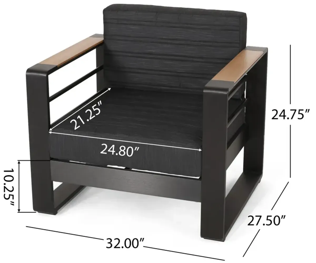 Accent Club Chair, Slat Panel Design, Modern Open Back, Aluminum Black Wood