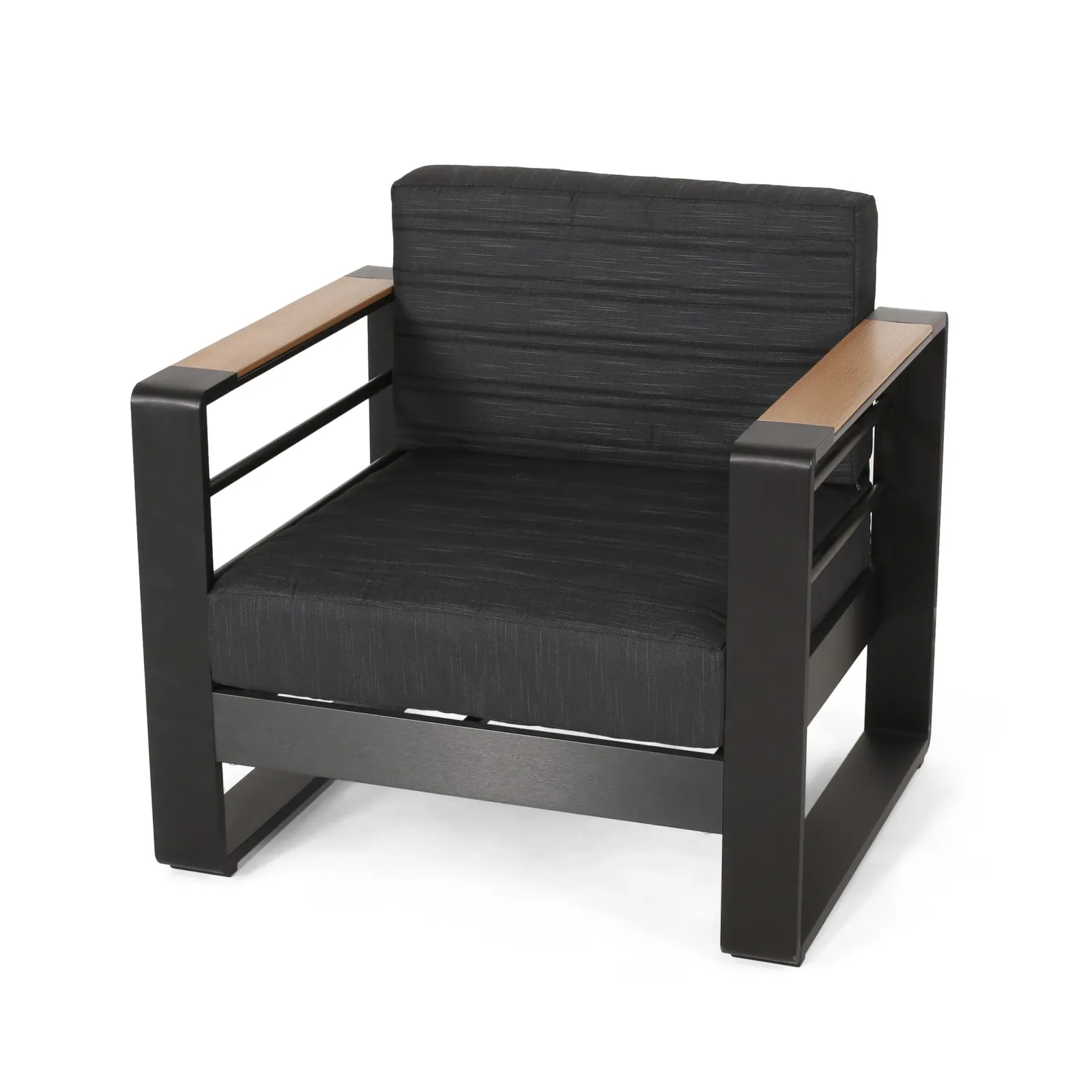 Accent Club Chair, Slat Panel Design, Modern Open Back, Aluminum Black Wood