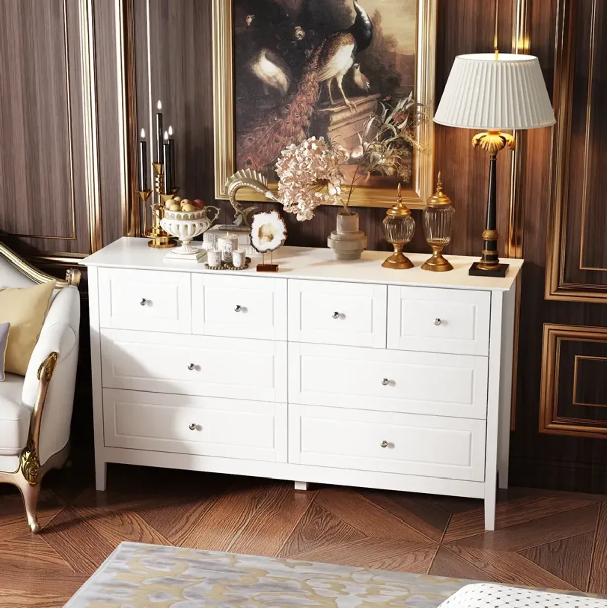 31.5 in. H x 55.1 in. W x 15.7 in. D 8-Drawer White Paint Finish Dresser Chest of Drawers Cabinet