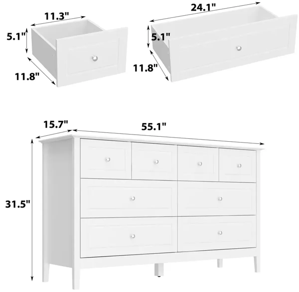 31.5 in. H x 55.1 in. W x 15.7 in. D 8-Drawer White Paint Finish Dresser Chest of Drawers Cabinet