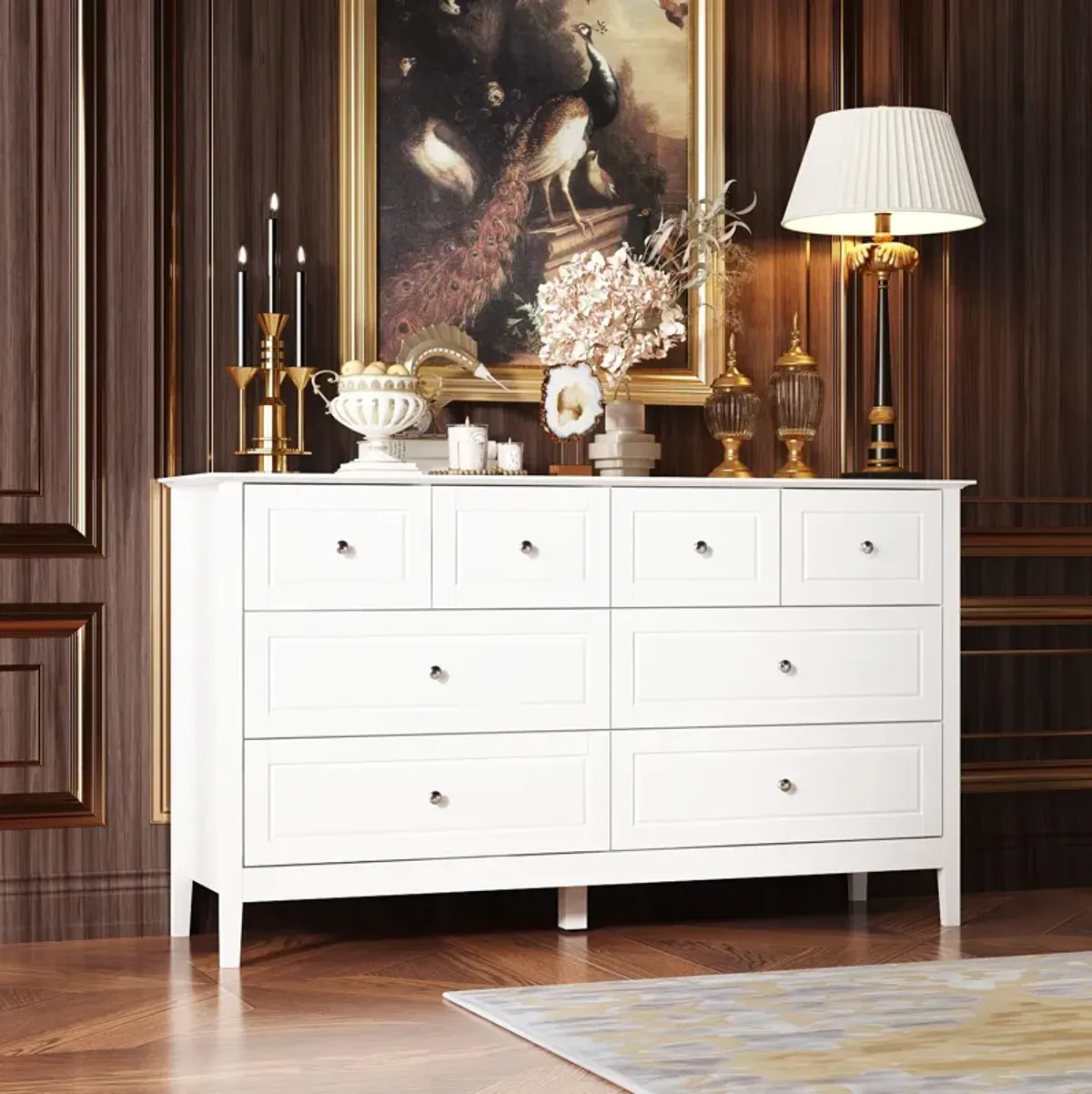 31.5 in. H x 55.1 in. W x 15.7 in. D 8-Drawer White Paint Finish Dresser Chest of Drawers Cabinet