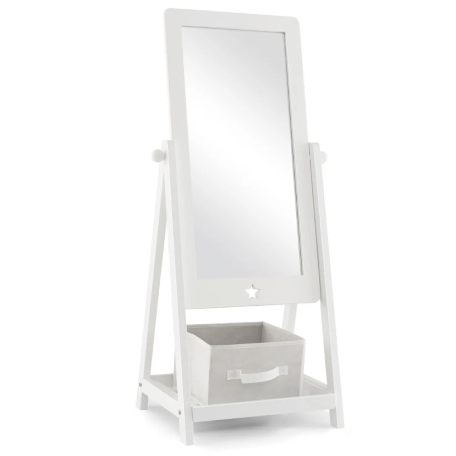 Hivvago Kids Full Length Wooden Standing Mirror with Bottom Shelf and Foldable Storage Bin-White