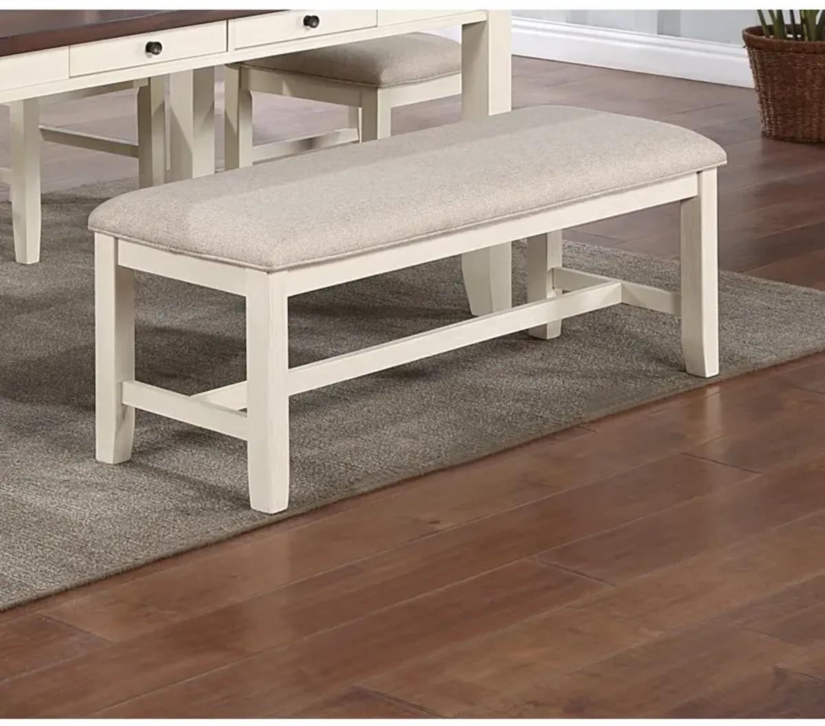 White Classic 1 Piece Bench Rubberwood Beige Fabric Cushion Seats Dining Room Furniture Bench