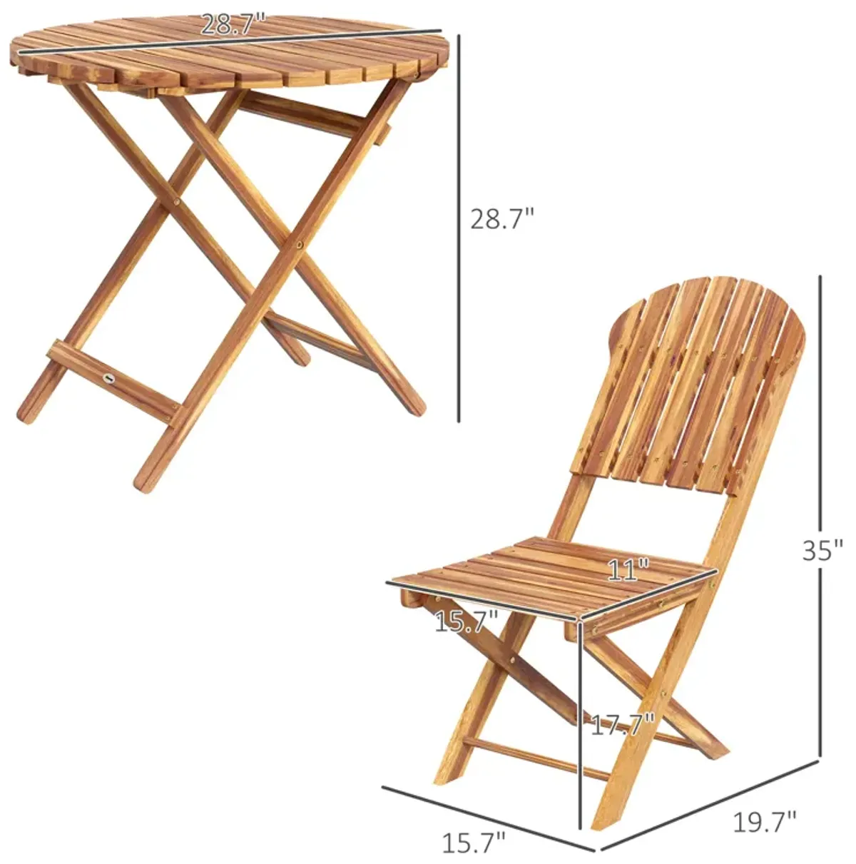 3-Piece Acacia Wood Bistro Set, Foldable Bistro Table and Chairs