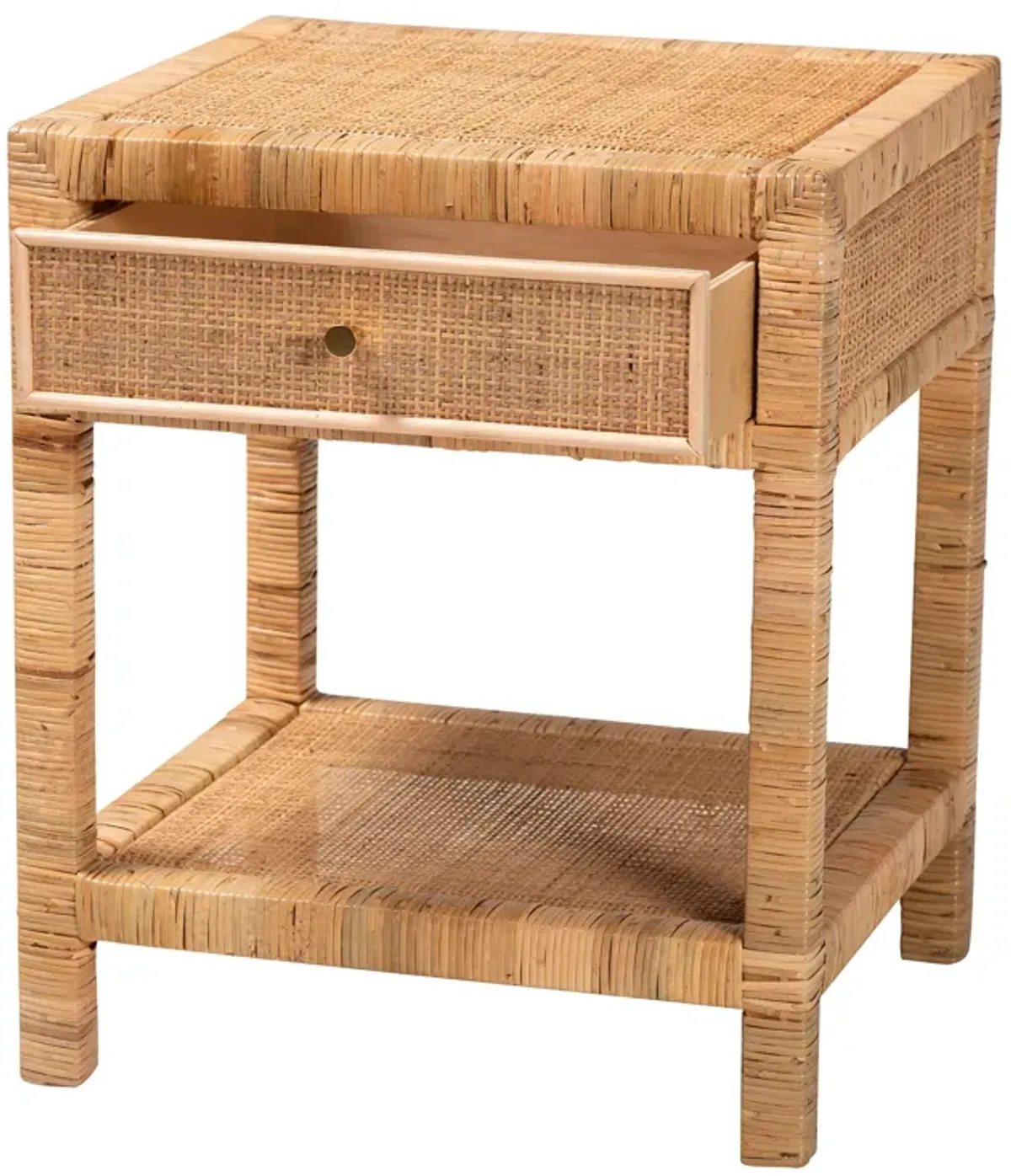 Baxton Studio Adelia Modern Bohemian Natural Rattan and Mahogany Wood 1 Drawer Nightstand