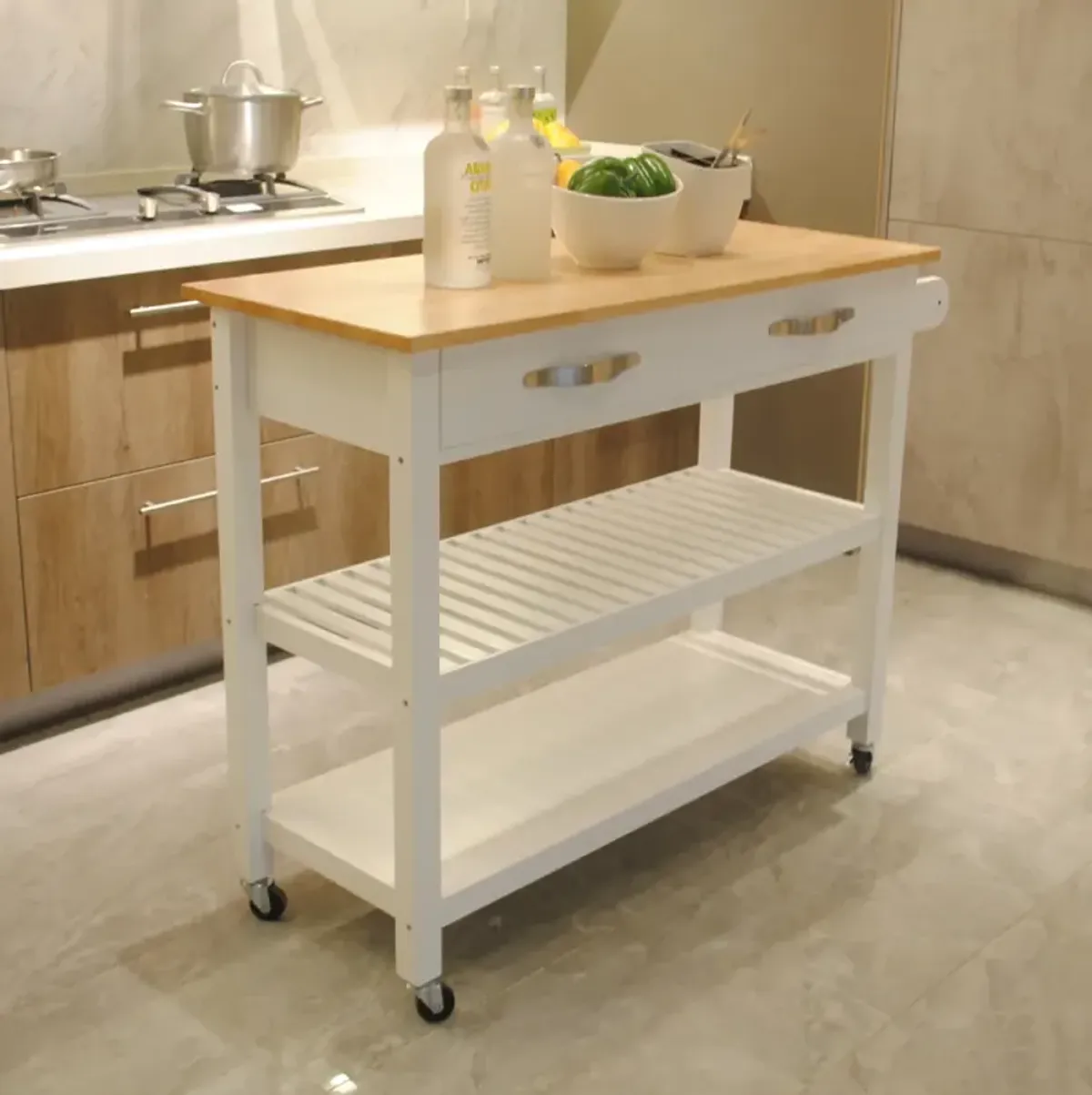 Mobile Kitchen Island with Rubberwood Top