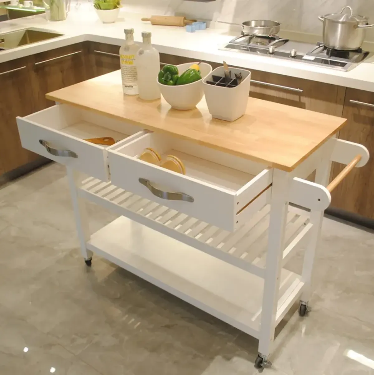 Mobile Kitchen Island with Rubberwood Top