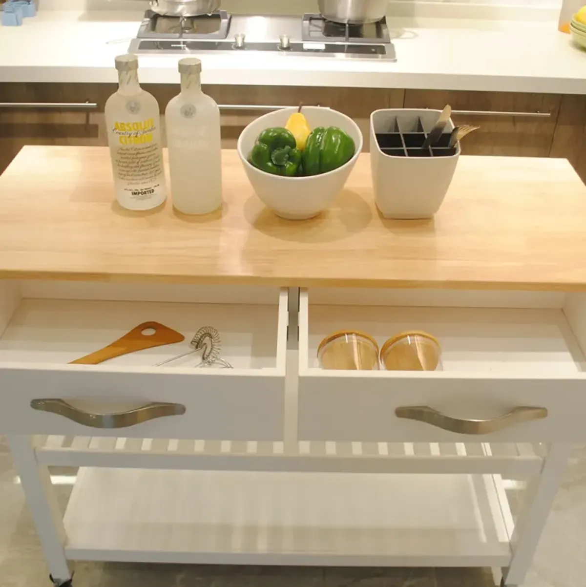 Mobile Kitchen Island with Rubberwood Top