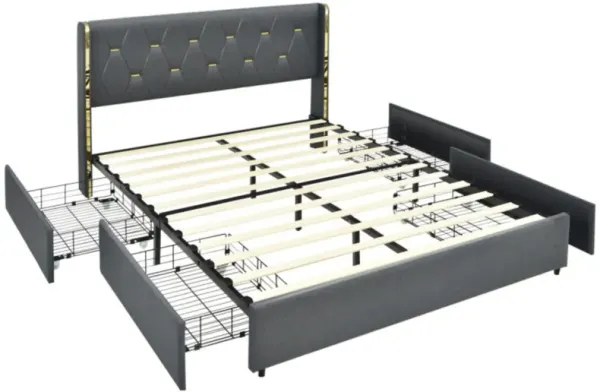 Full/Queen Size Upholstered Bed Frame with 4 Storage Drawers