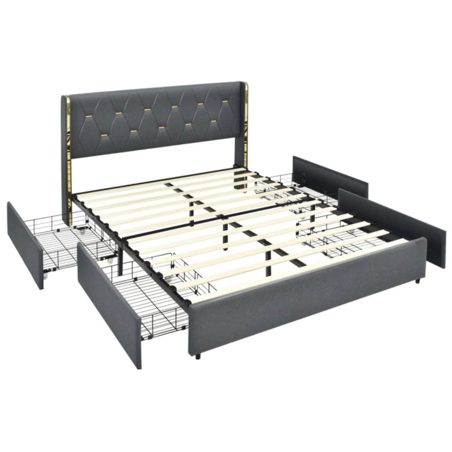 Full/Queen Size Upholstered Bed Frame with 4 Storage Drawers