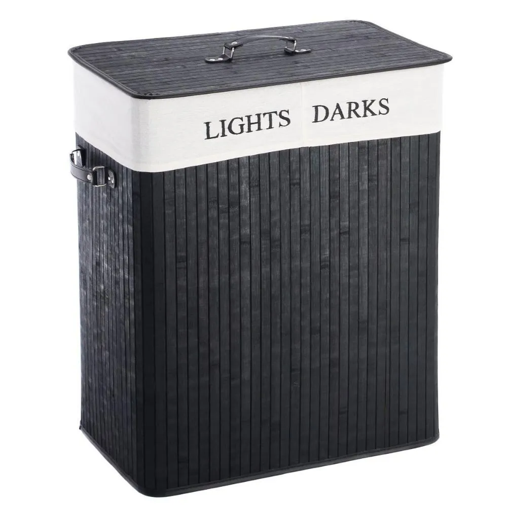 Black Bamboo 2-Bin Lights Darks Laundry Hamper with Handles