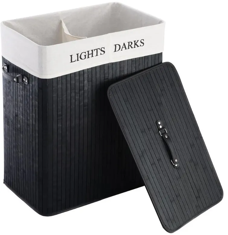 Black Bamboo 2-Bin Lights Darks Laundry Hamper with Handles