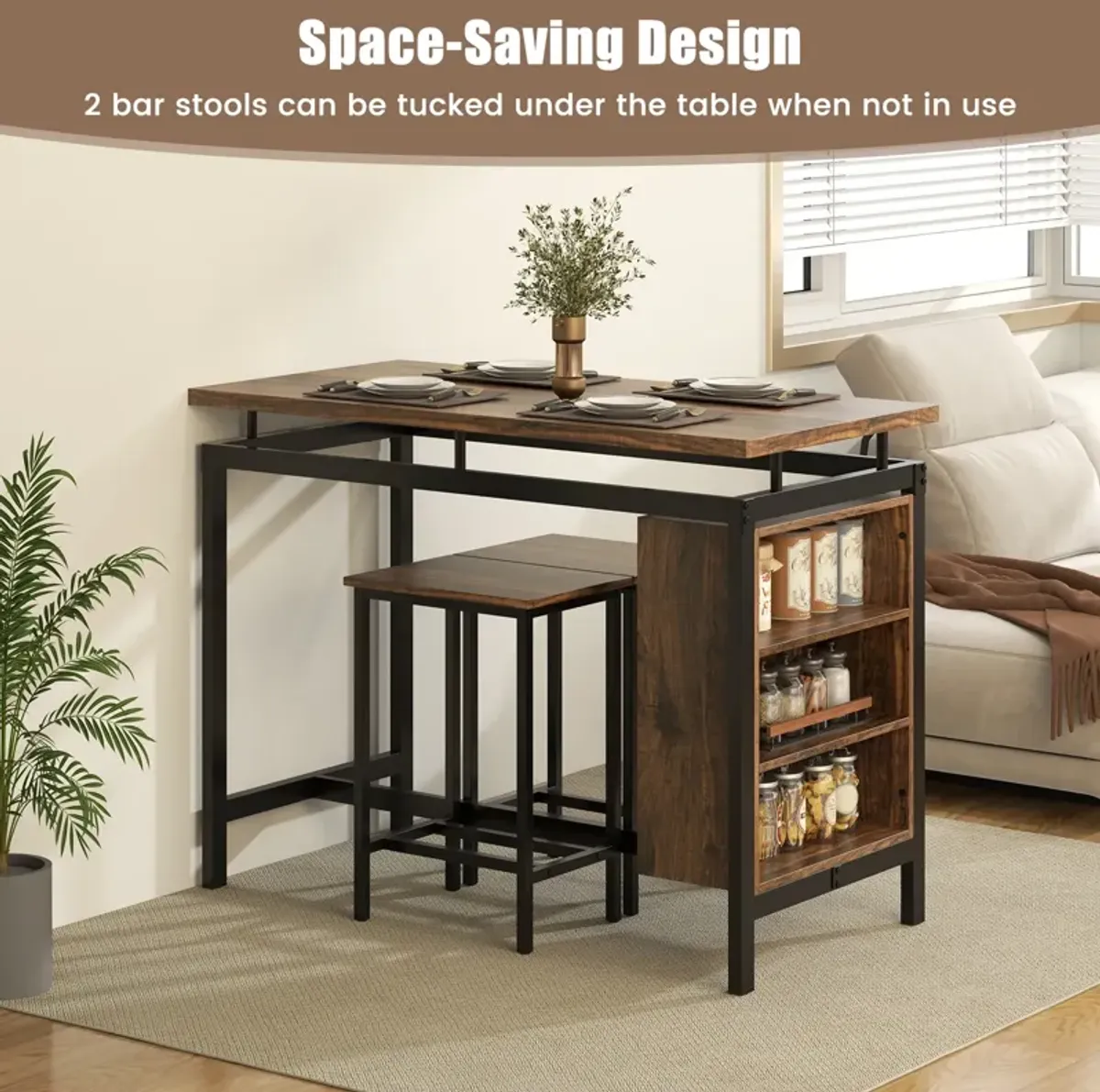 3 Pieces Dining Table Set with 3-Tier Storage Shelf and Metal Frame