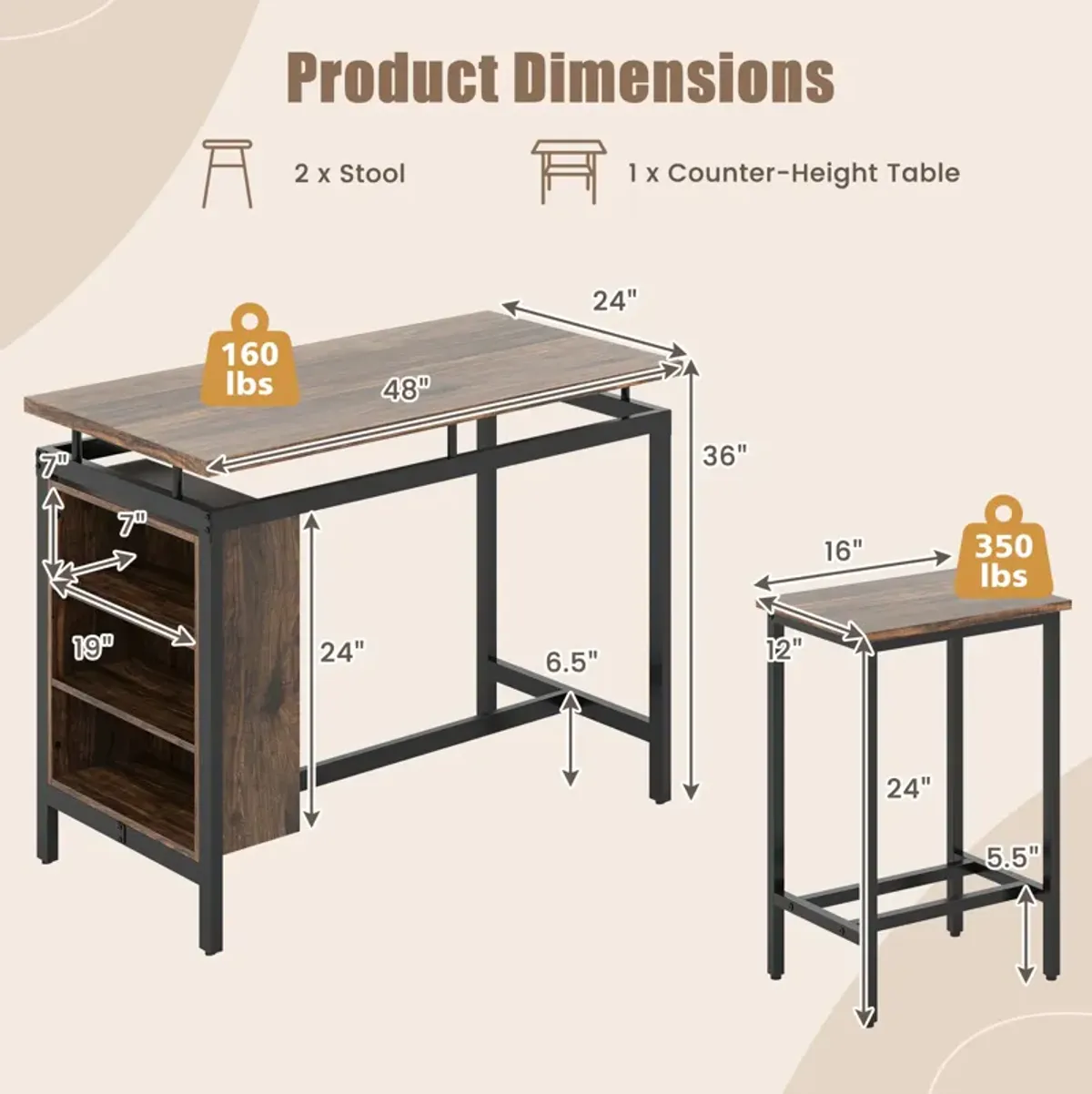 3 Pieces Dining Table Set with 3-Tier Storage Shelf and Metal Frame