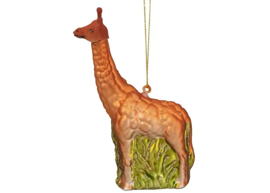 5" Orange Giraffe and Green Grass Glass Christmas Ornament