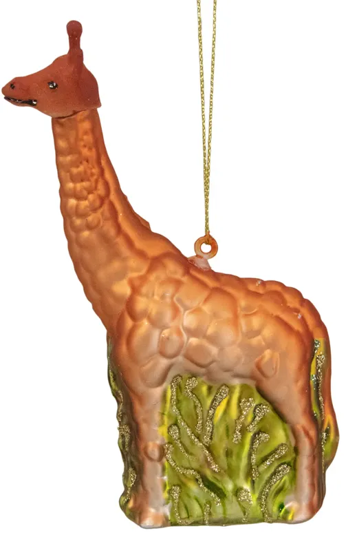 5" Orange Giraffe and Green Grass Glass Christmas Ornament