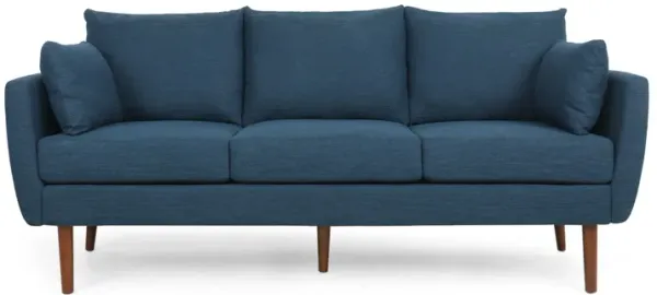 Nate Sofa with 2 Accent Pillows, 77 Inch Birch Wood, Navy Blue Fabric - Benzara