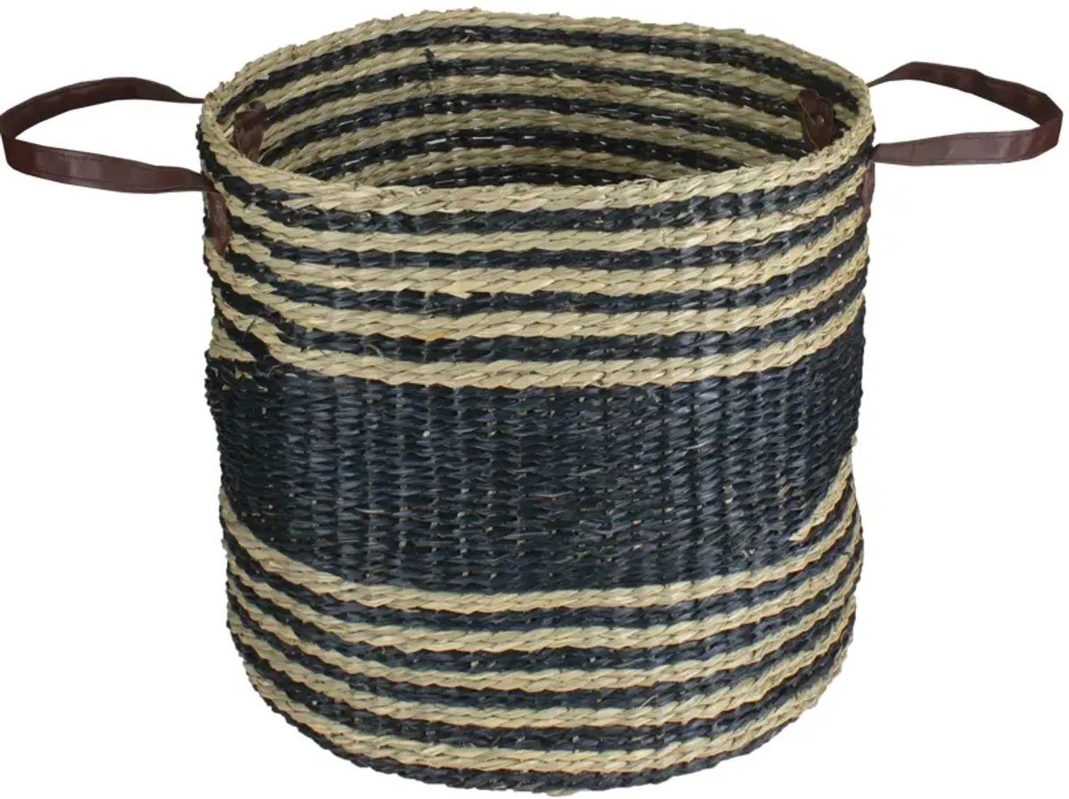 15" Beige and Black Woven Seagrass Basket with Handles