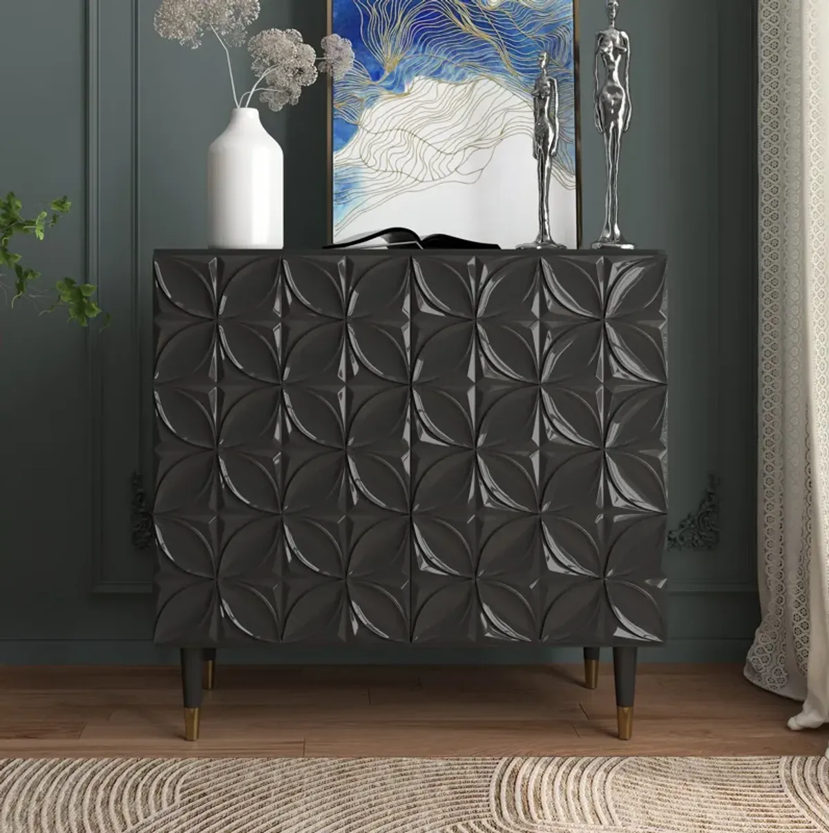 MONDAWE Freestanding 2 Door Locker Accent Cabinet, Disk Floral Pattern Storage Stylish Cabinet