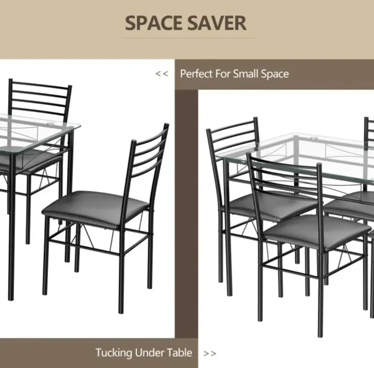 Hivvago 5 Pieces Dining Set with Tempered Glass Top Table and 4 Upholstered Chairs