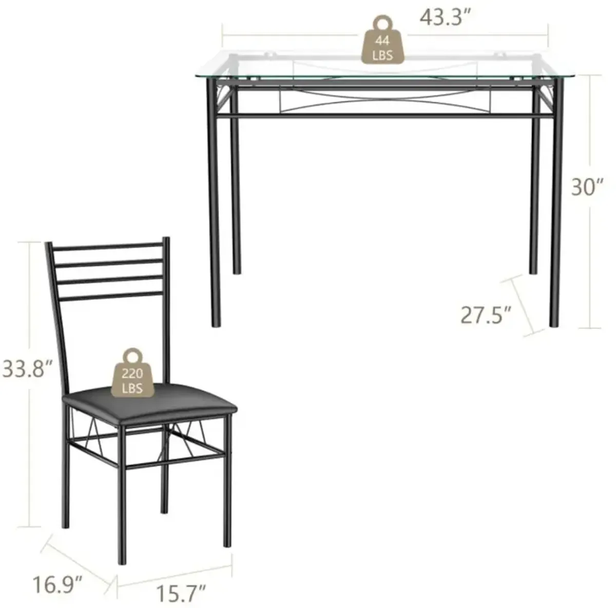 Hivvago 5 Pieces Dining Set with Tempered Glass Top Table and 4 Upholstered Chairs