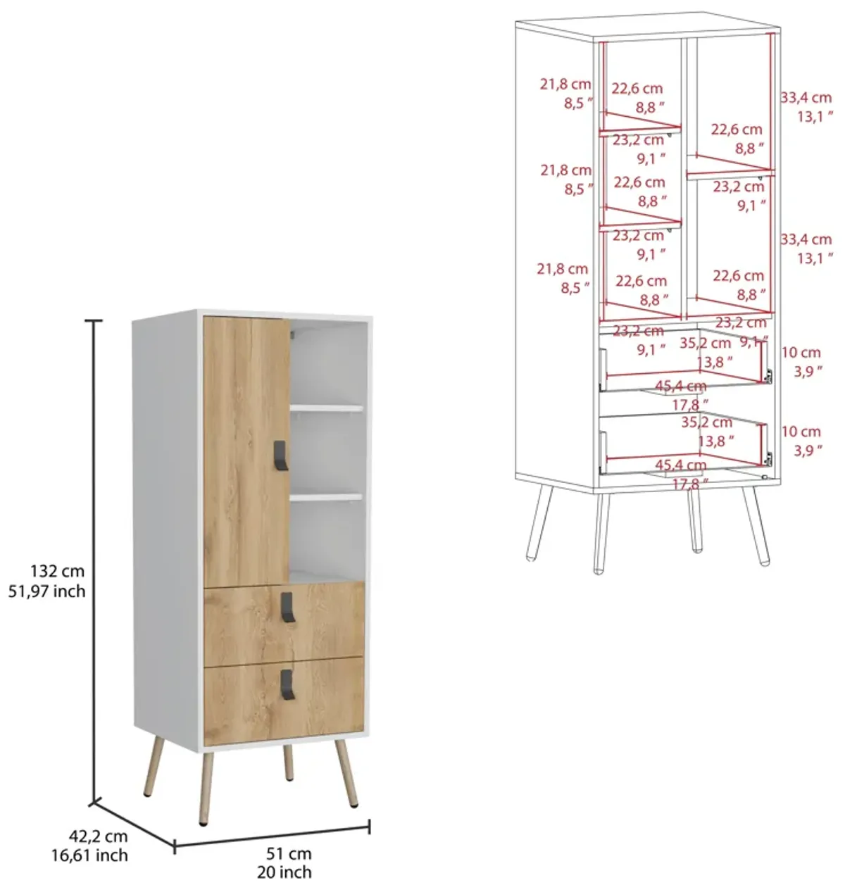 Huna Tall Dresser, Unit with Door, 2 Drawers, and Open Shelves-White / Macadamia