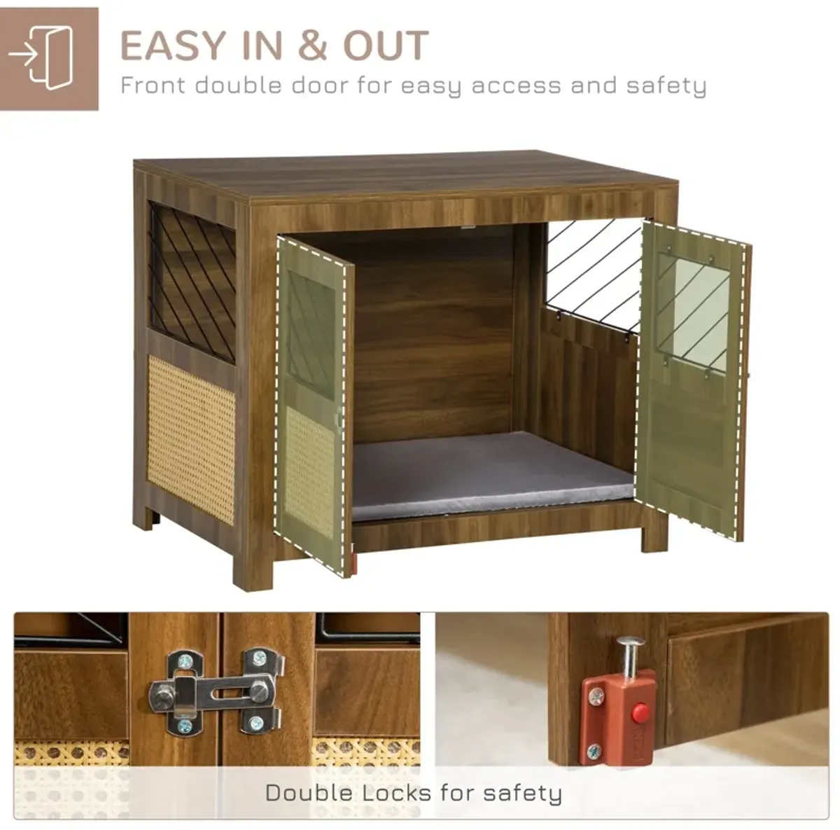 Walnut Pet Furniture: Dog Crate End Table with Cushion and Doors