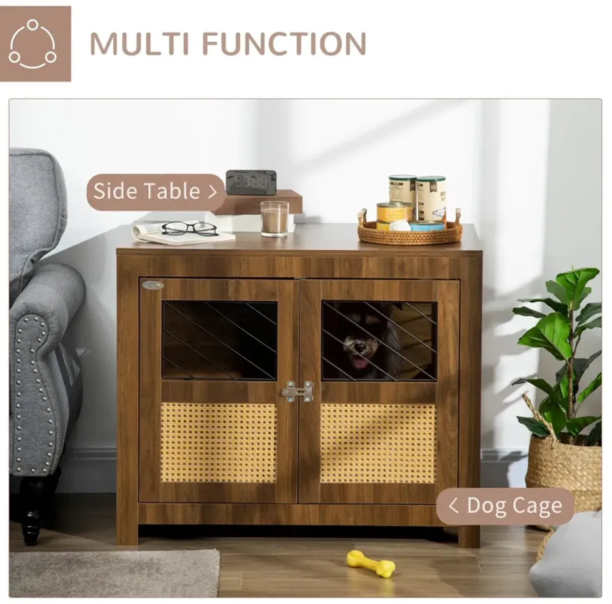 Walnut Pet Furniture: Dog Crate End Table with Cushion and Doors