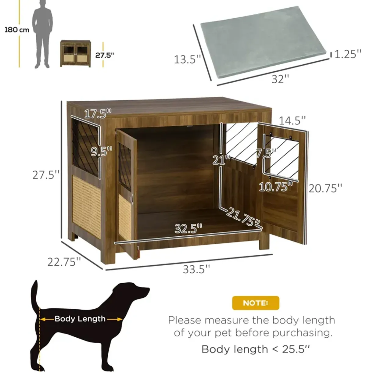 Walnut Pet Furniture: Dog Crate End Table with Cushion and Doors