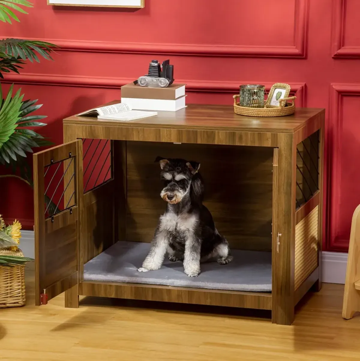 Walnut Pet Furniture: Dog Crate End Table with Cushion and Doors