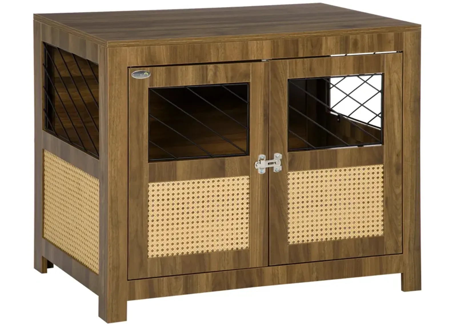 Walnut Pet Furniture: Dog Crate End Table with Cushion and Doors