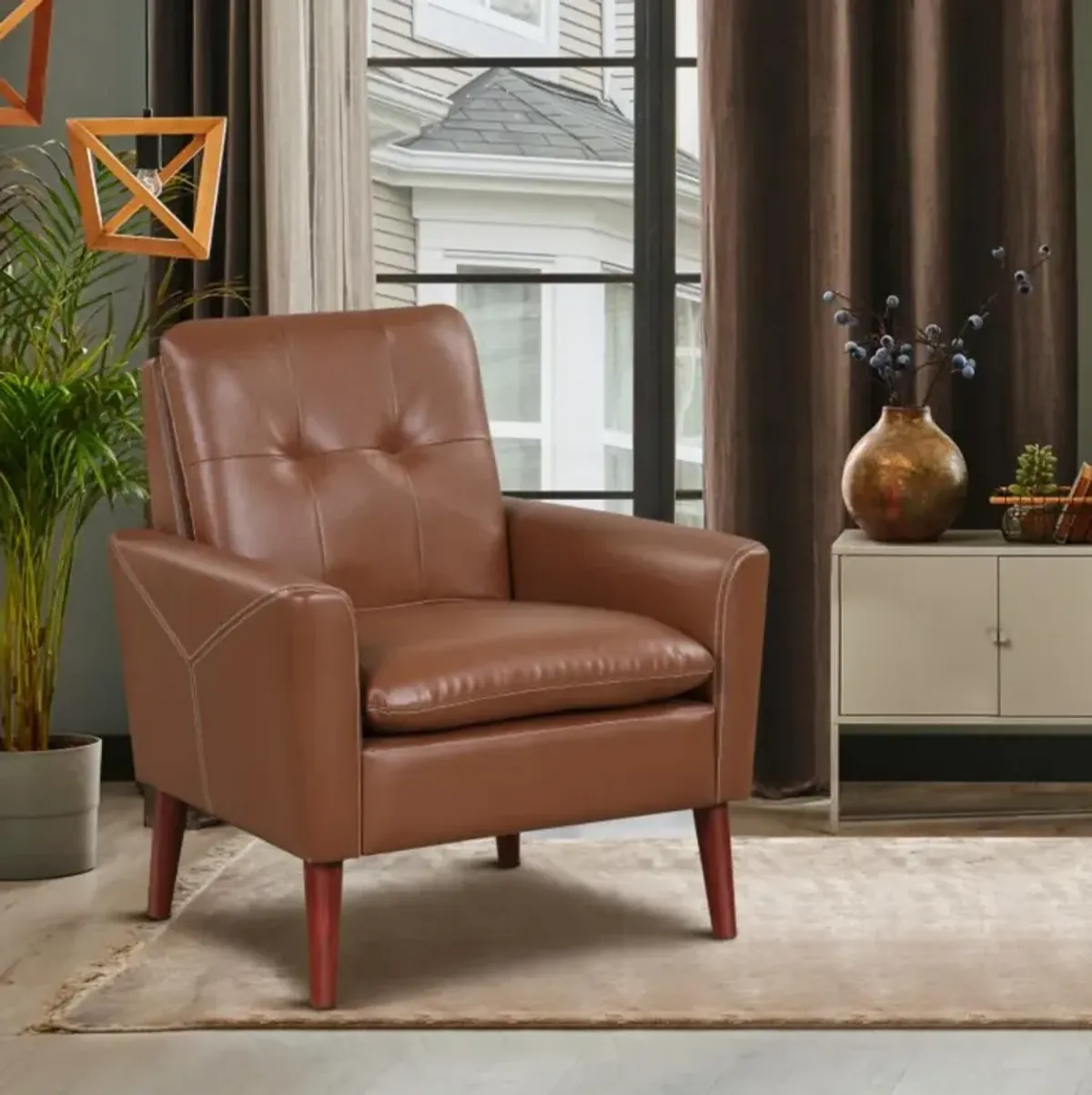 Hivvago Modern PU Leather Accent Chair with Solid Wood Legs-Brown