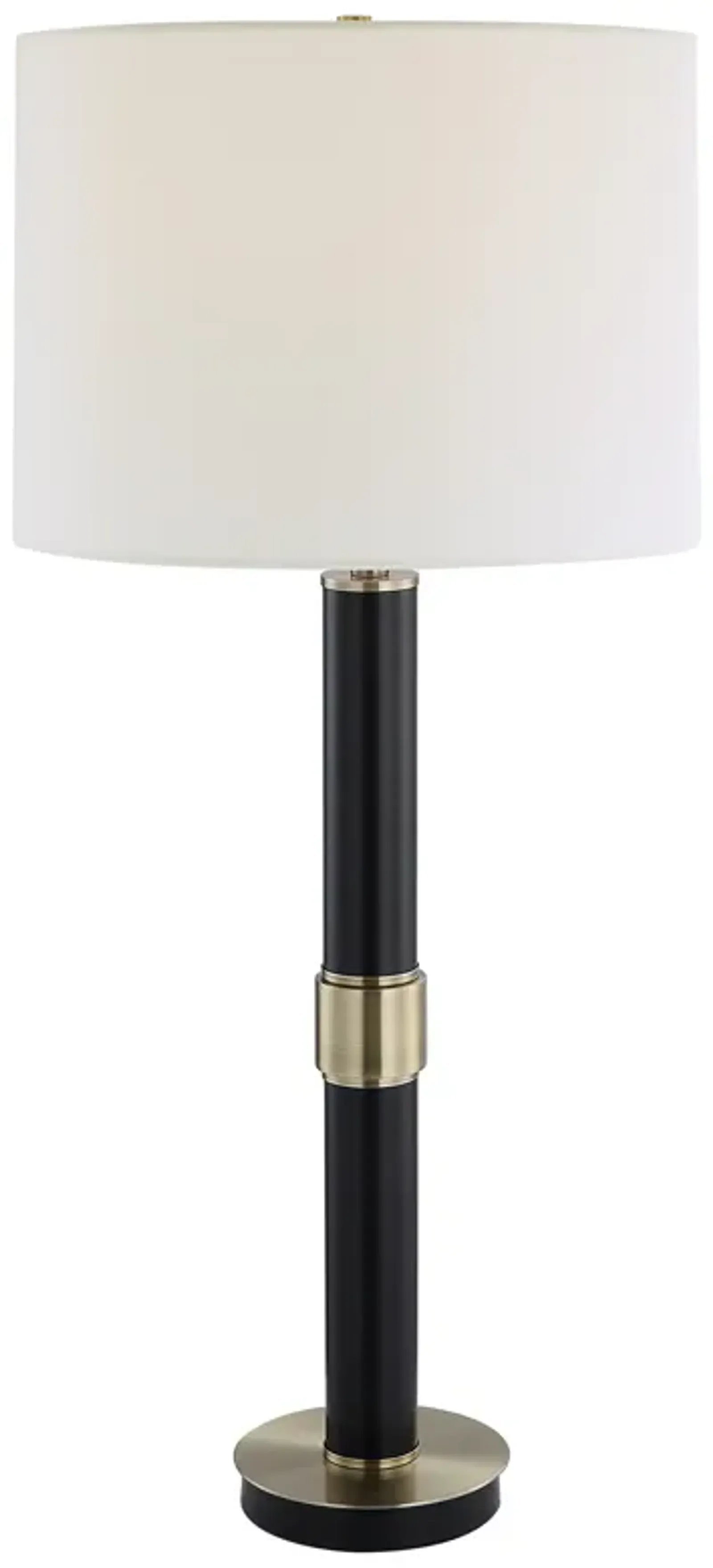 32 Inch Table Lamp, Slender Metal Body, White Drum Shade, Black, Gold - Benzara