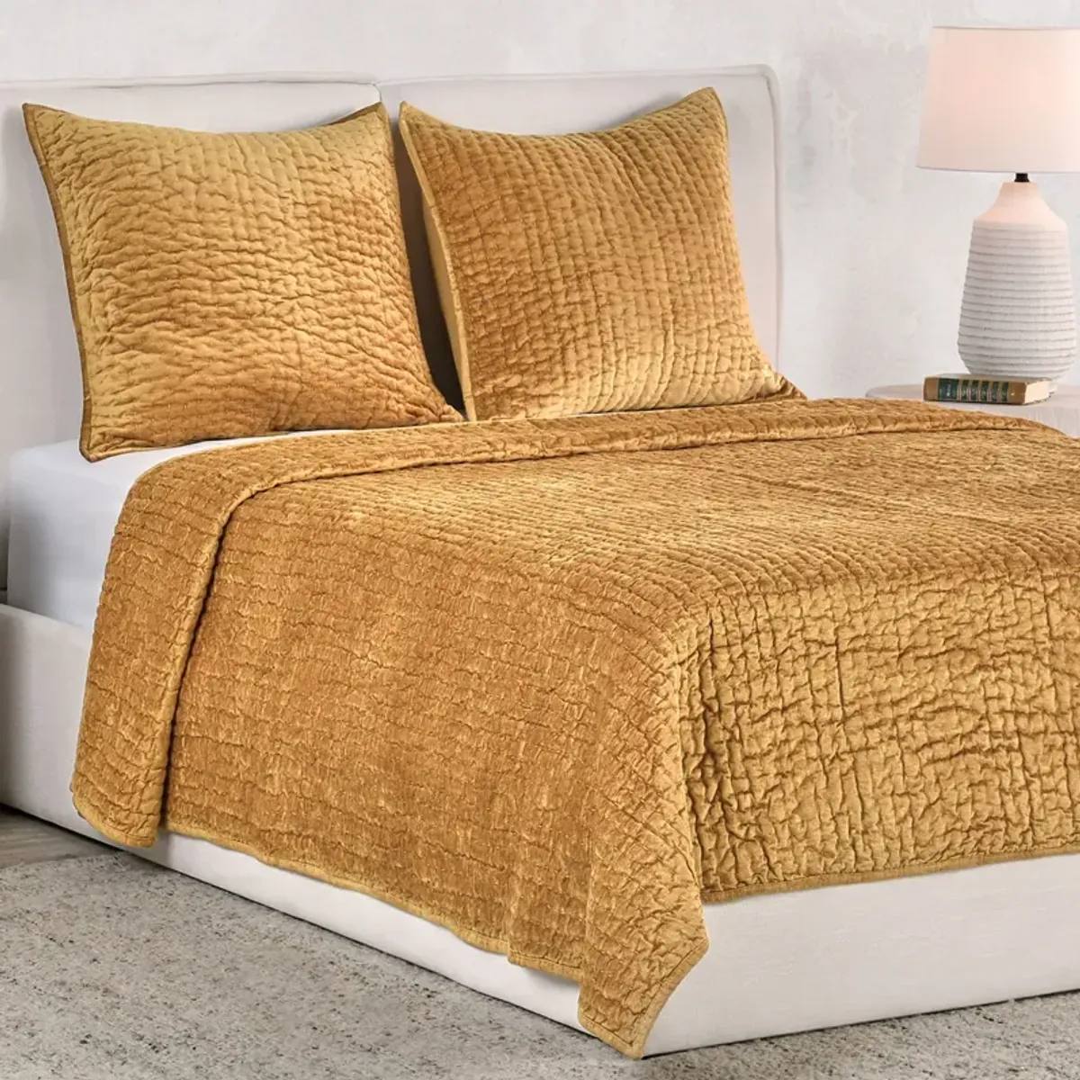 Bari Honey Gold 3-Piece Queen Velvet Quilt Set