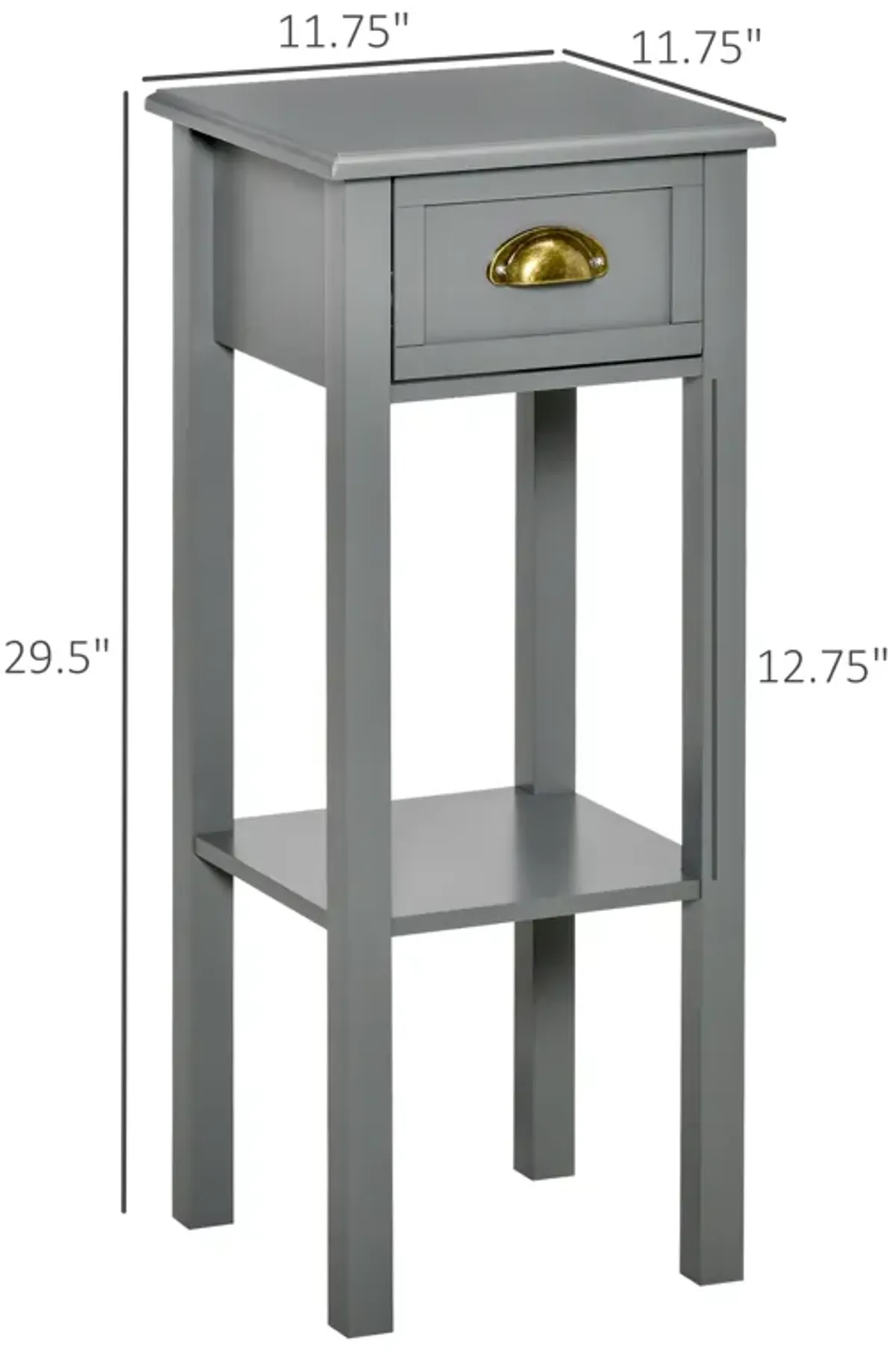 Gray Narrow Nightstand: 2-Tier Tall Side Table with Drawer and Shelf