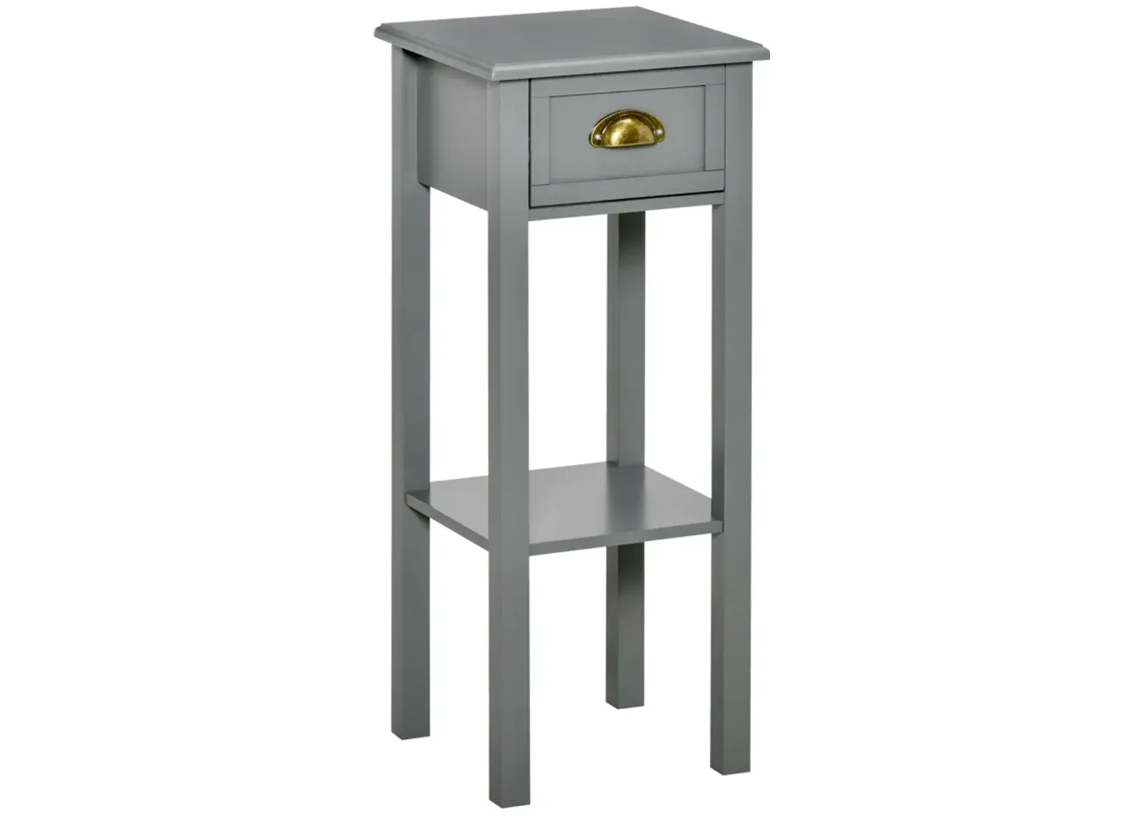 Gray Narrow Nightstand: 2-Tier Tall Side Table with Drawer and Shelf