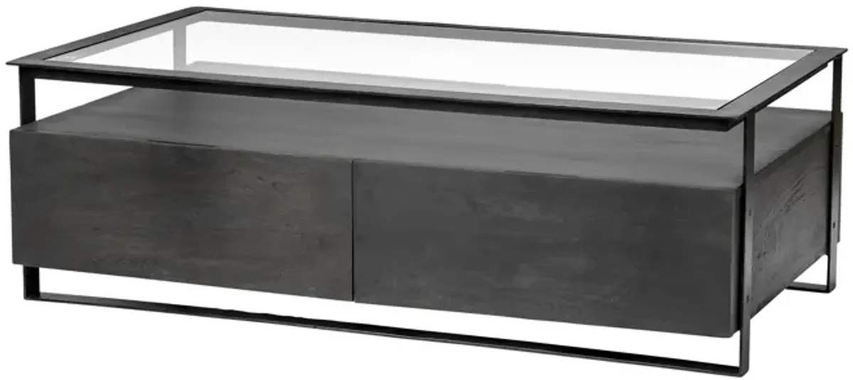Rectangular Glass Top Solid Black Wood Base Coffee Table W 2 Drawers