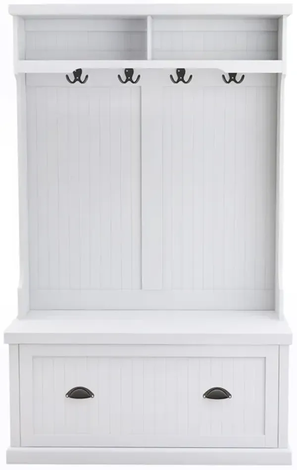 White Wood Hall Tree with Bench Shoe Cabinet