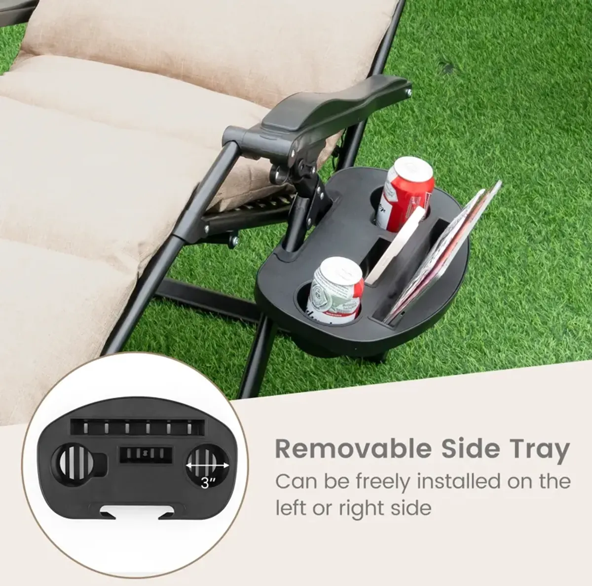 Adjustable Metal Zero Gravity Lounge Chair with Removable Cushion and Cup Holder Tray