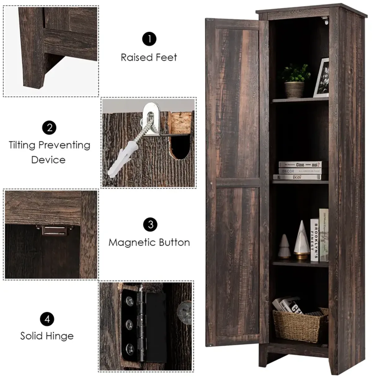 Costway Linen Tower Bathroom Storage Cabinet Tall Slim Side Organizer w/ Shelf Black