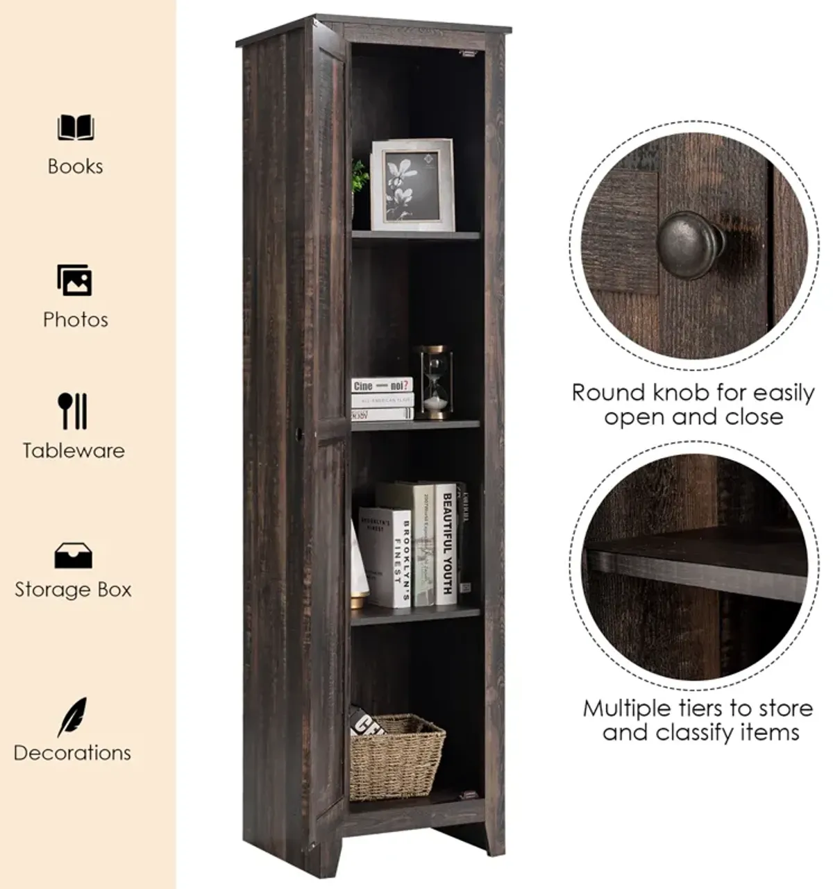 Costway Linen Tower Bathroom Storage Cabinet Tall Slim Side Organizer w/ Shelf Black