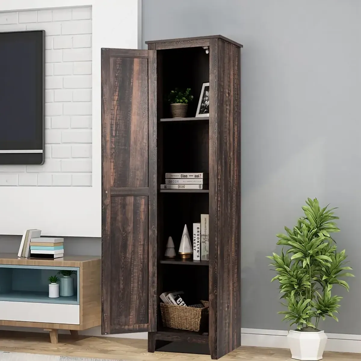 Costway Linen Tower Bathroom Storage Cabinet Tall Slim Side Organizer w/ Shelf Black