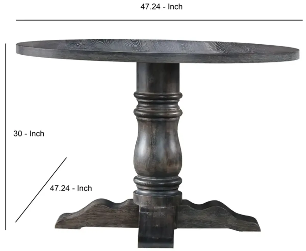 Wooden Round Dining Table With Heavy Pedestal Feet, Weathered Gray-Benzara