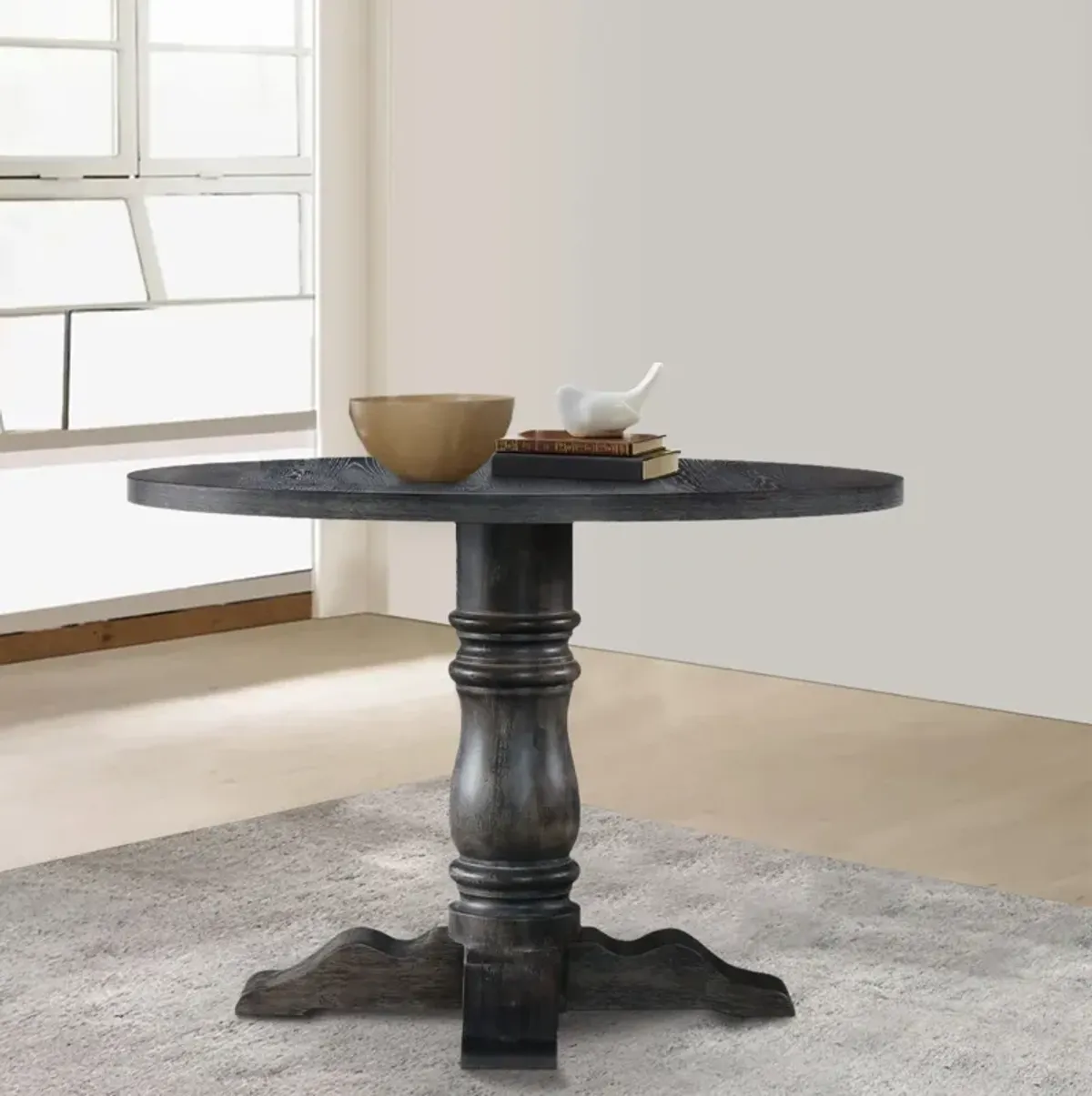 Wooden Round Dining Table With Heavy Pedestal Feet, Weathered Gray-Benzara