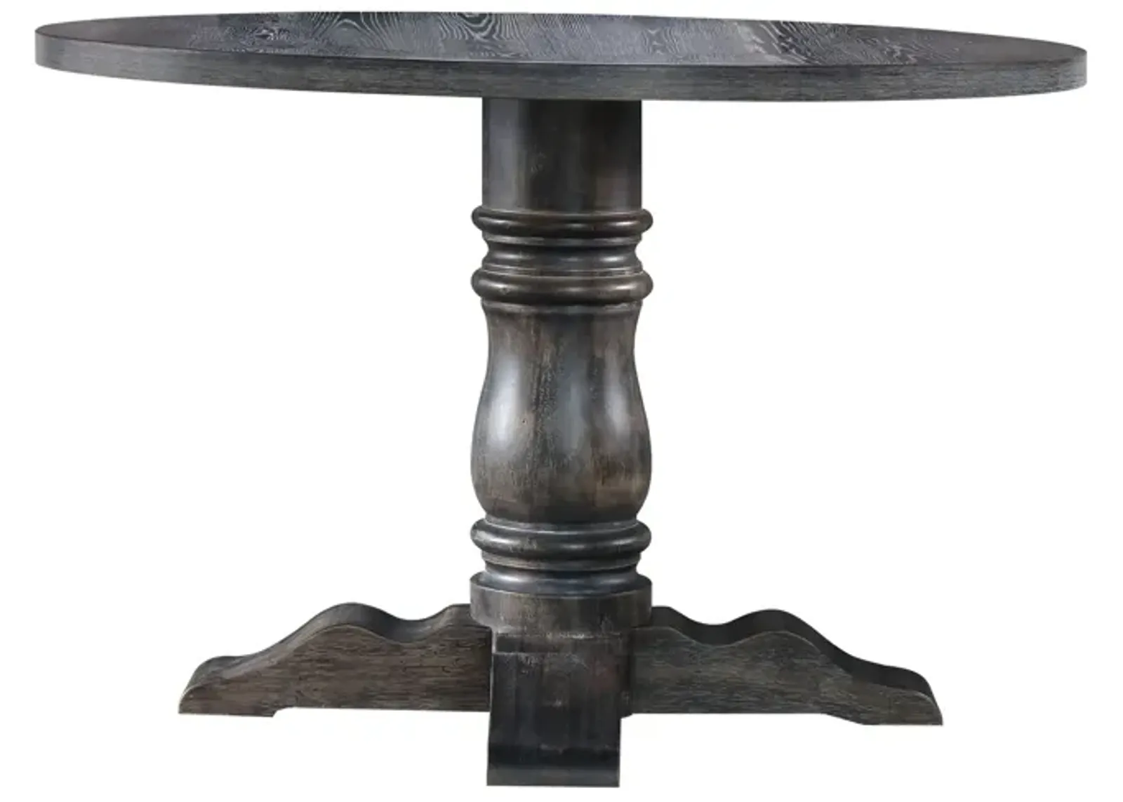 Wooden Round Dining Table With Heavy Pedestal Feet, Weathered Gray-Benzara