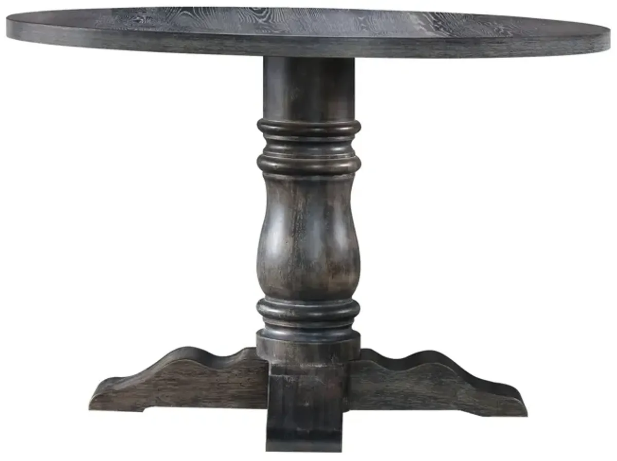 Wooden Round Dining Table With Heavy Pedestal Feet, Weathered Gray-Benzara